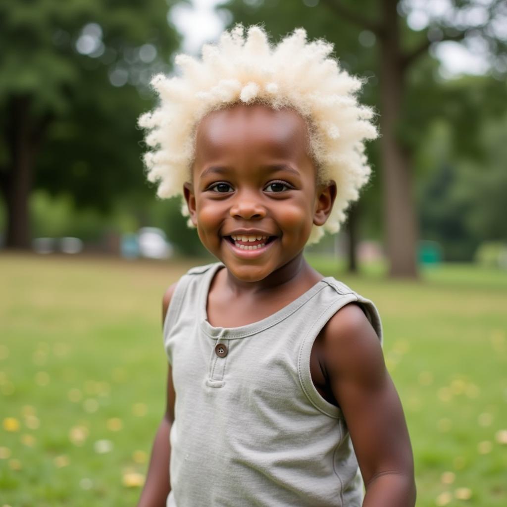 A young African American child with albinism joyfully plays outdoors with a bright smile, demonstrating resilience and inclusion.