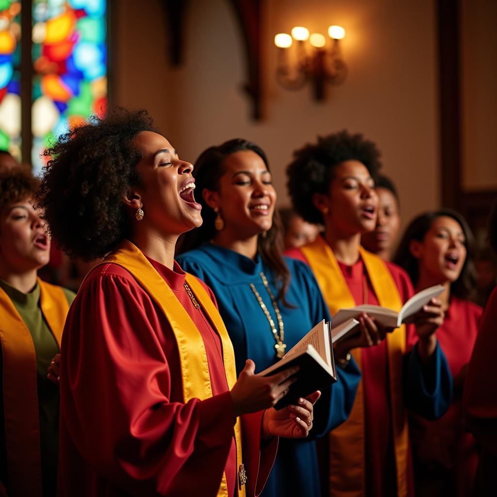 A gospel choir singing in an African American church in Arlington, TX