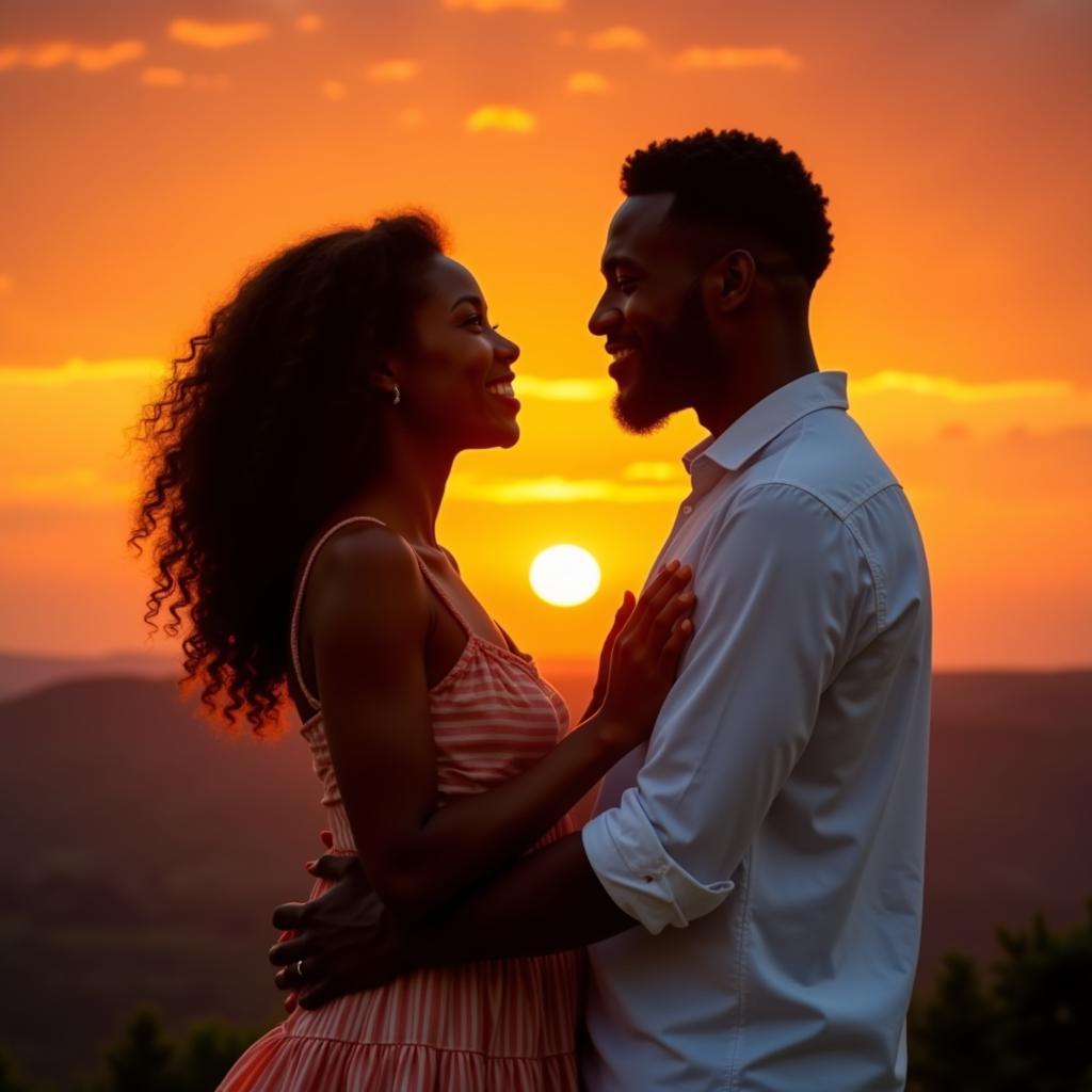 African American Couple Embracing at Sunset