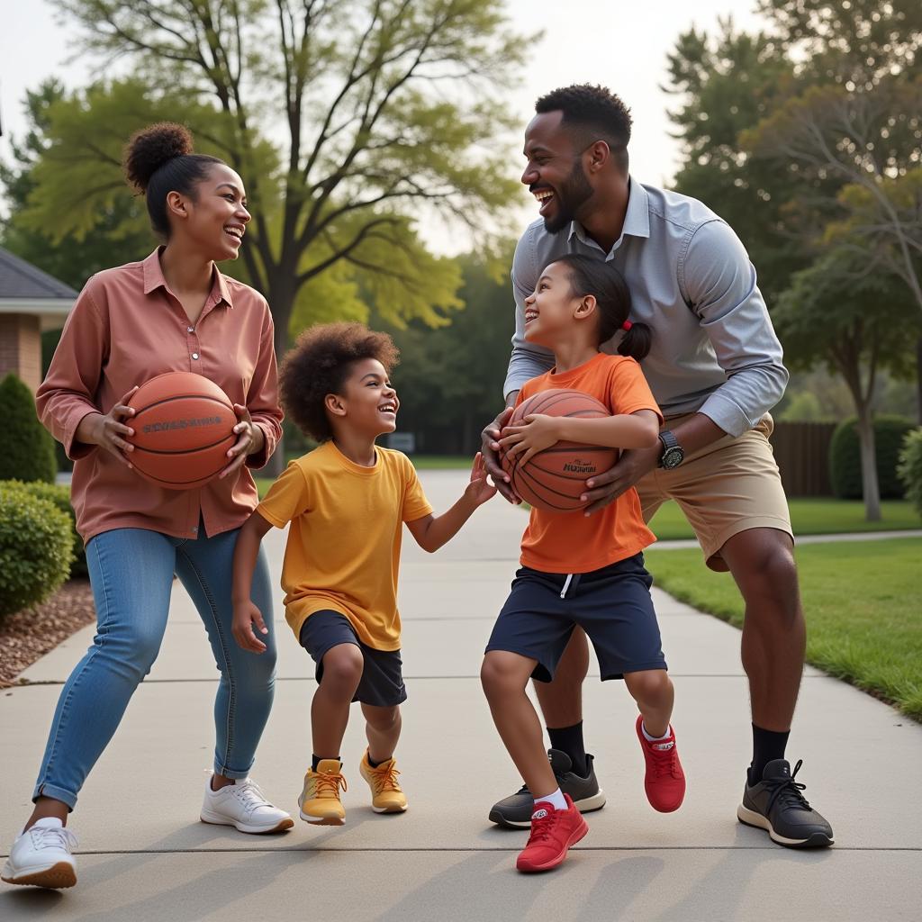 African American family enjoying a game of basketball in their driveway, emphasizing unity and teamwork.