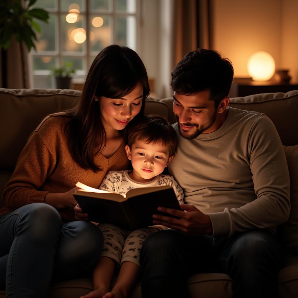 An African American family enjoying a story time together.