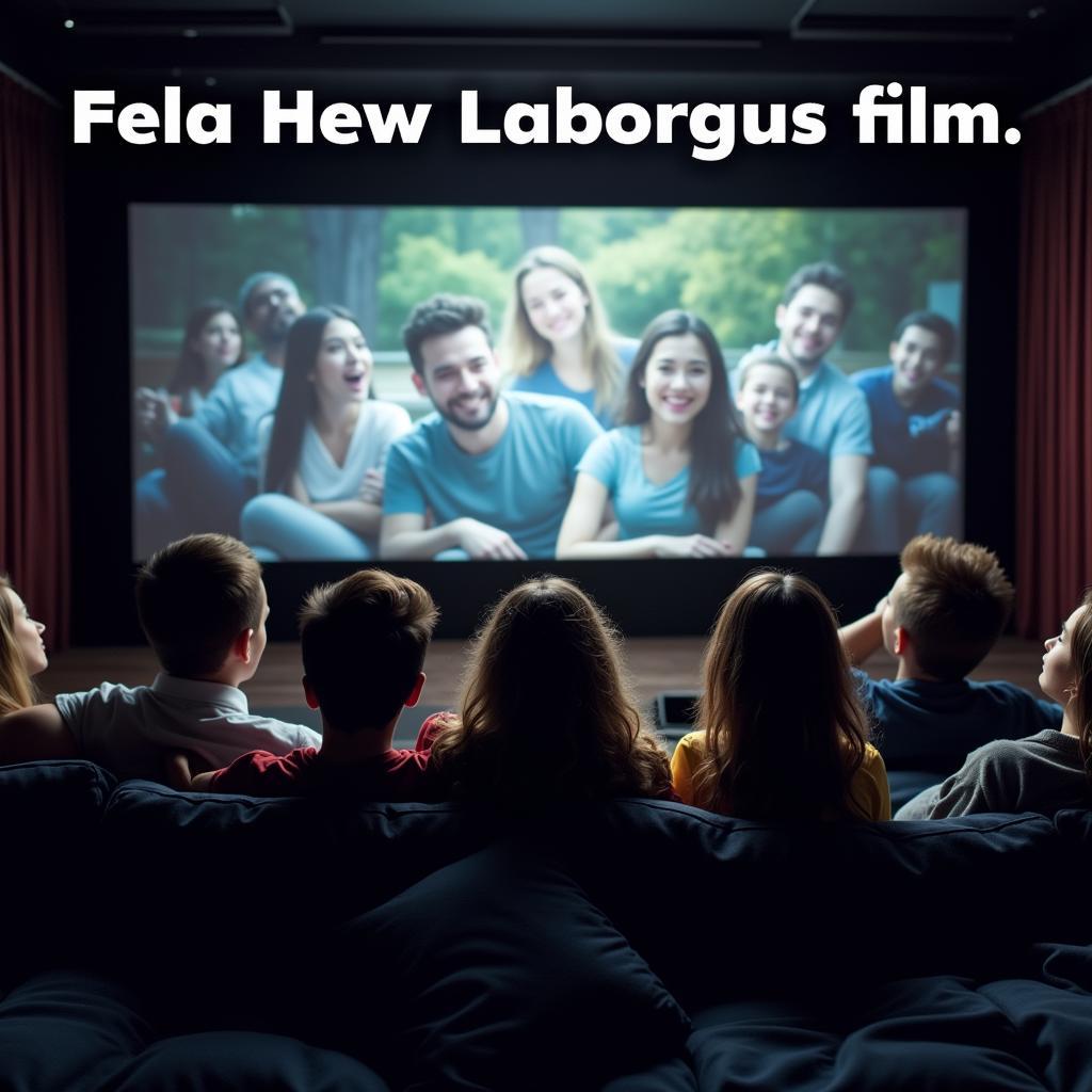 A group of people of different ages and backgrounds watching a movie together in a theater, their faces lit by the screen.