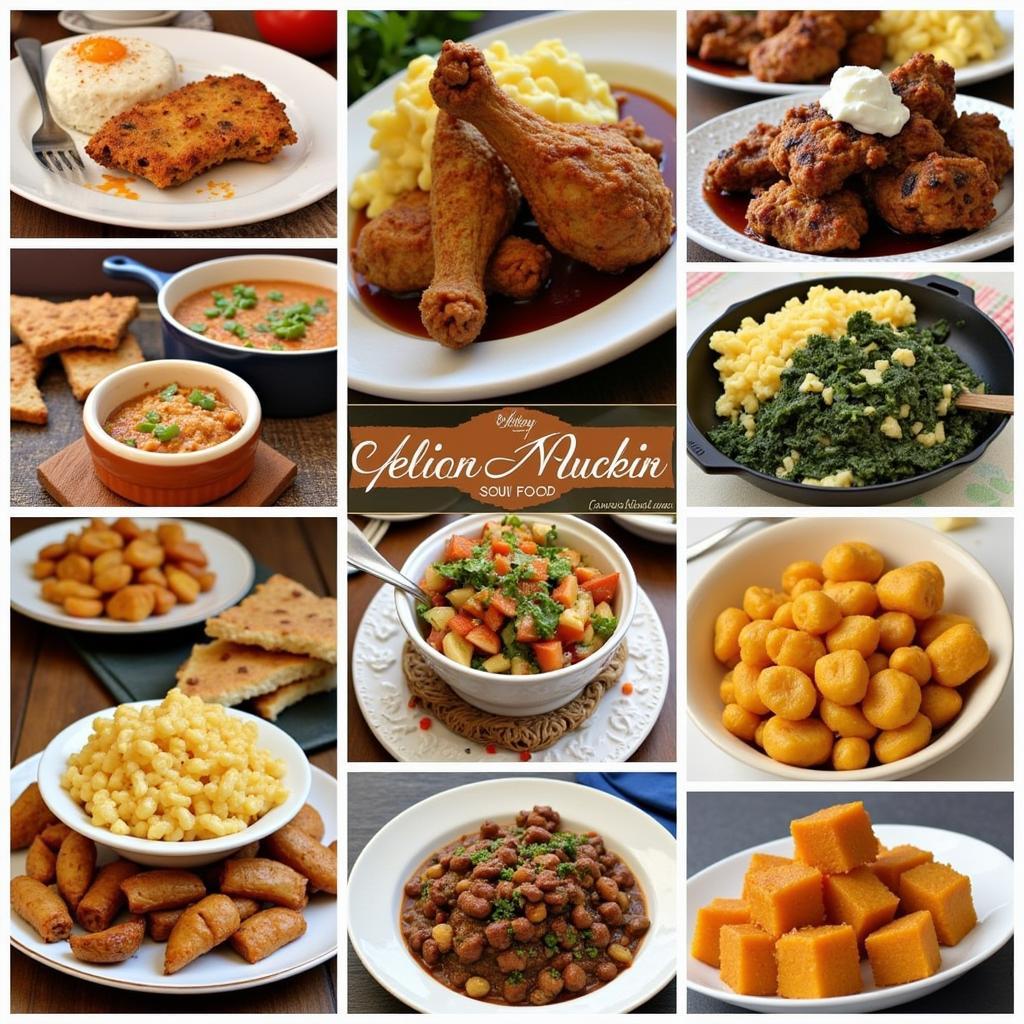 A collage of vibrant photos showcasing soul food dishes from various African American food blogs.