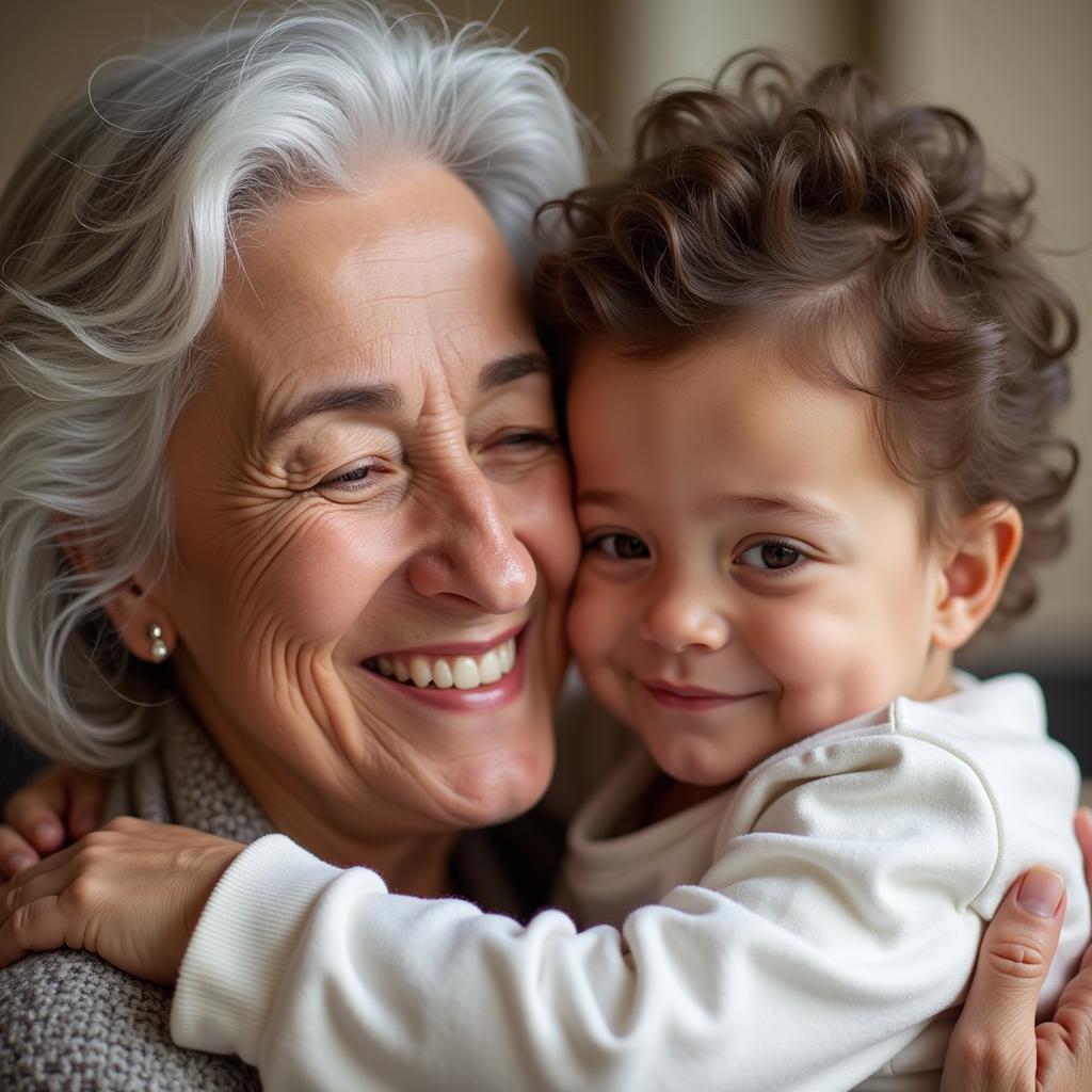 An African American grandmother embraces her grandchild in a loving hug.