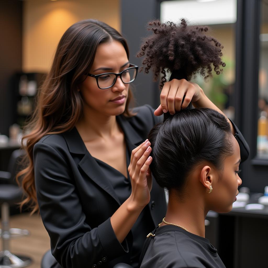 An experienced African American hair stylist working meticulously on a client's hair, using specialized tools and techniques.