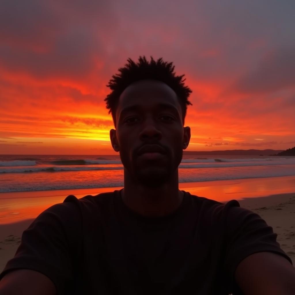 African American Man Taking a Selfie at Sunset on a Beach