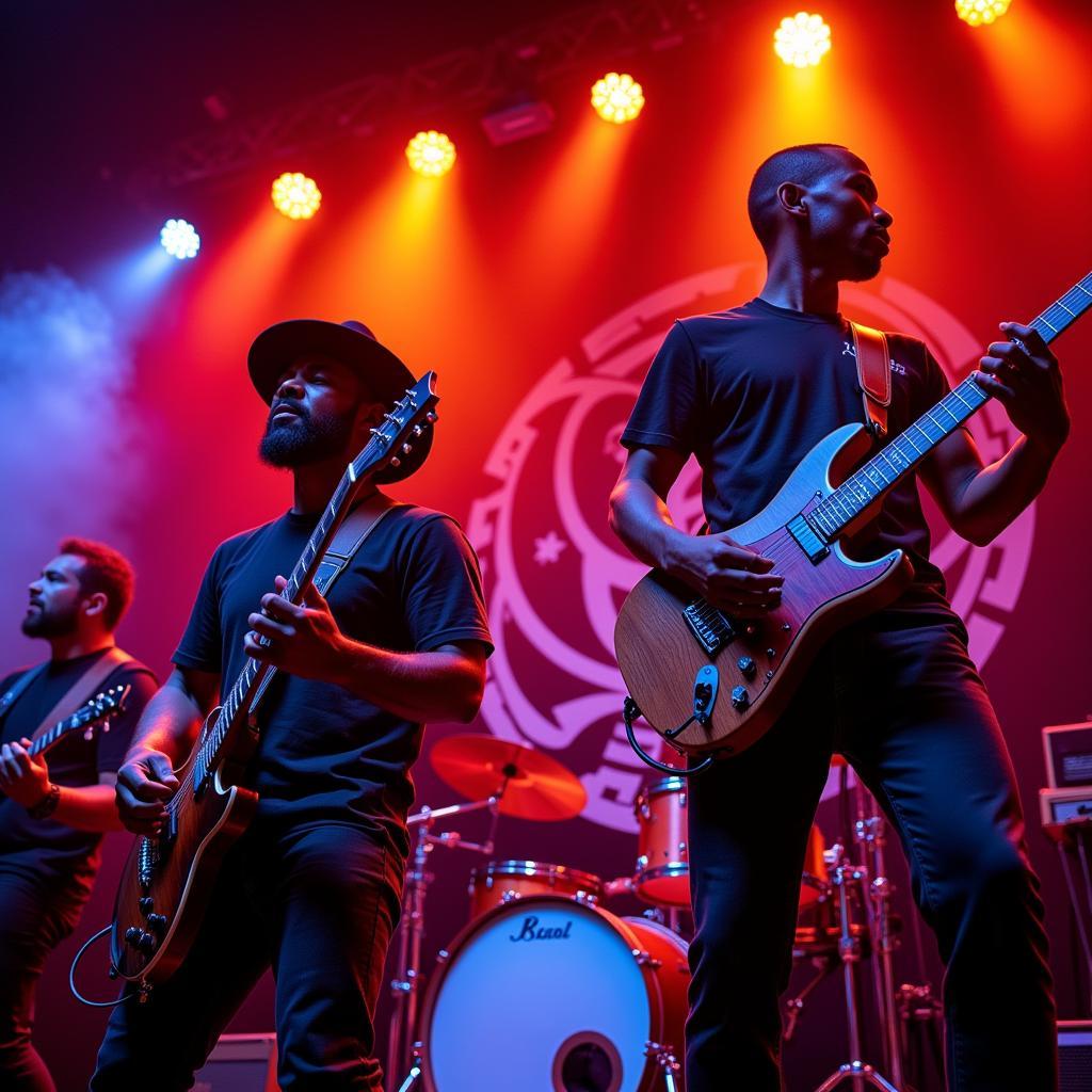 African American metal musicians performing energetically on stage