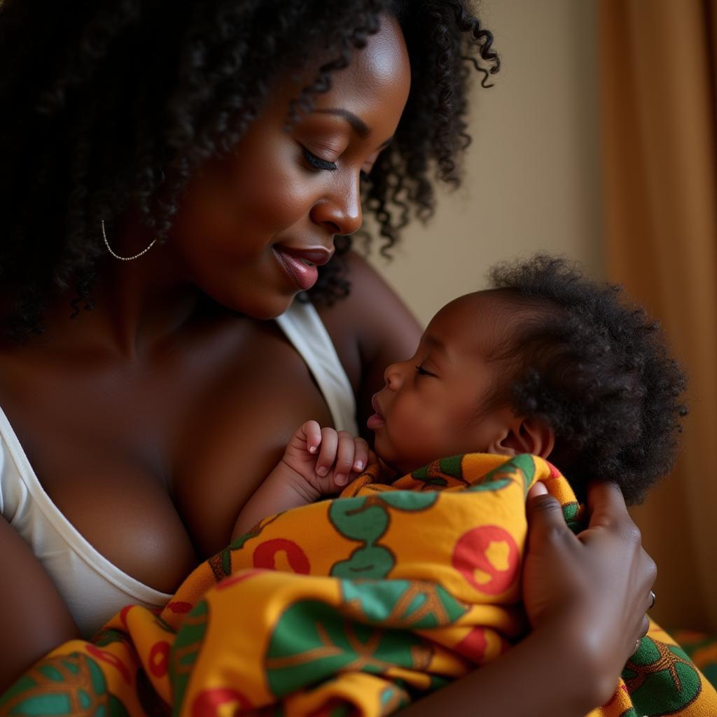 A close-up image of an African American mother tenderly breastfeeding her newborn baby, wrapped in a colorful African print blanket.