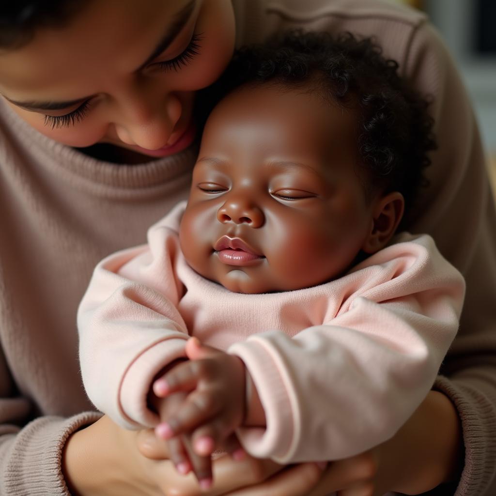 A person holding an African American reborn baby doll