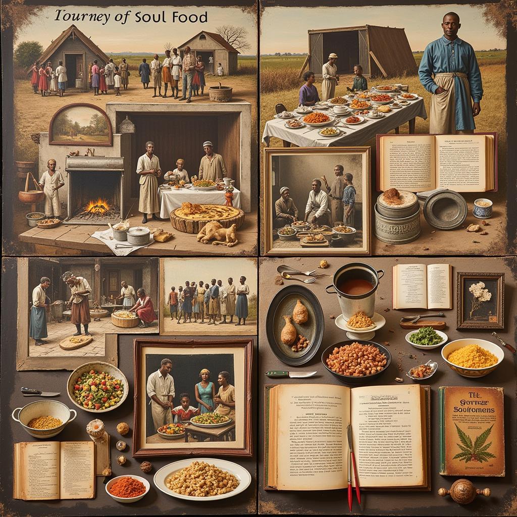 A collage of historical images depicting the evolution of African American soul food, from its roots in West Africa to its development in the American South.