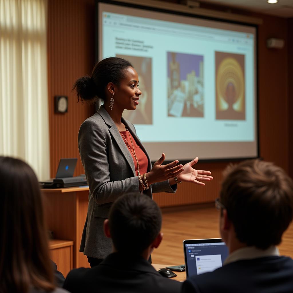 An African American scholar presenting their research at an academic conference