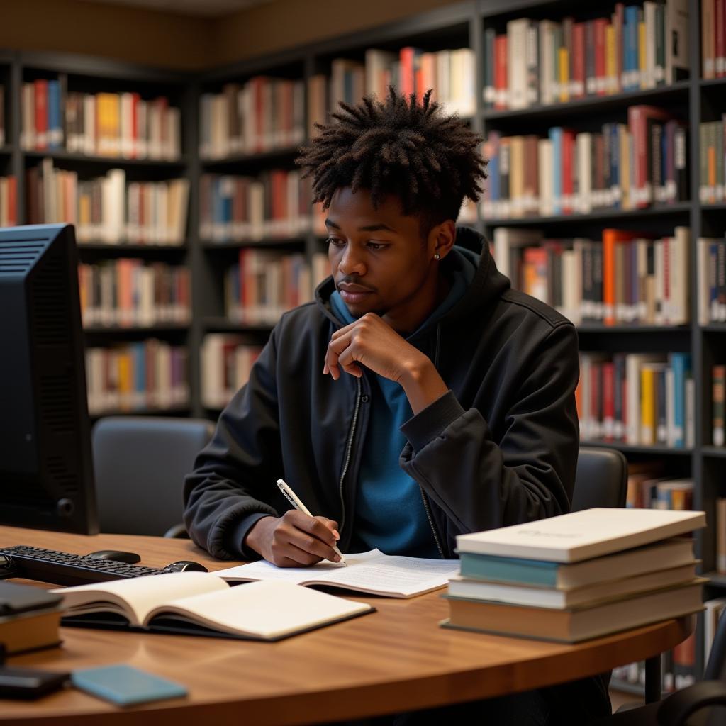 Student Conducting Research in a Library