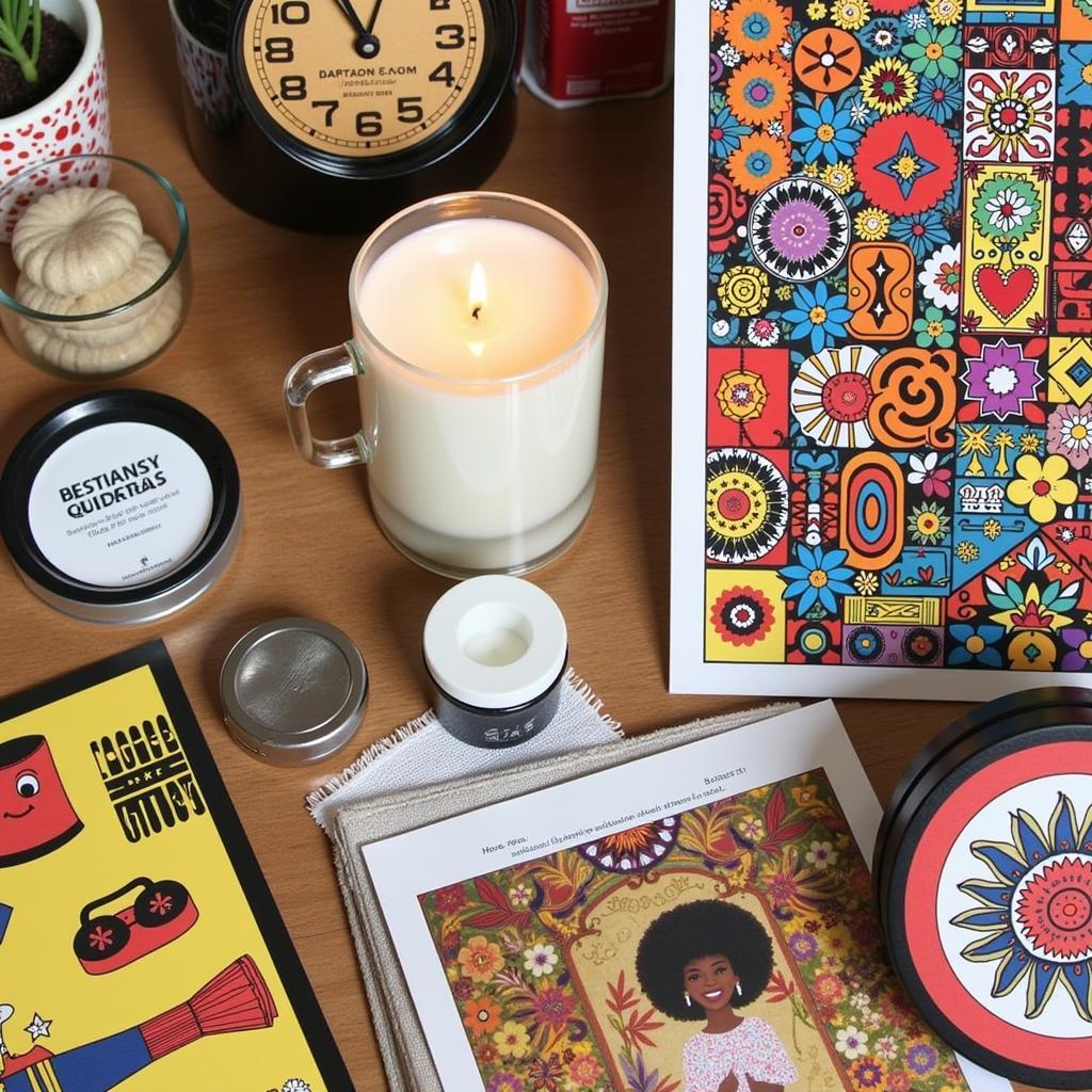 An assortment of home goods from an African American subscription box, including candles, art prints, and textiles.