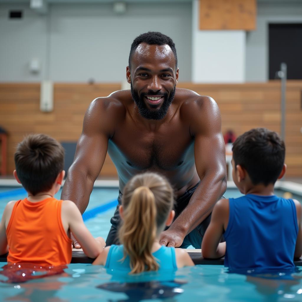 African American swim coach mentoring young swimmers