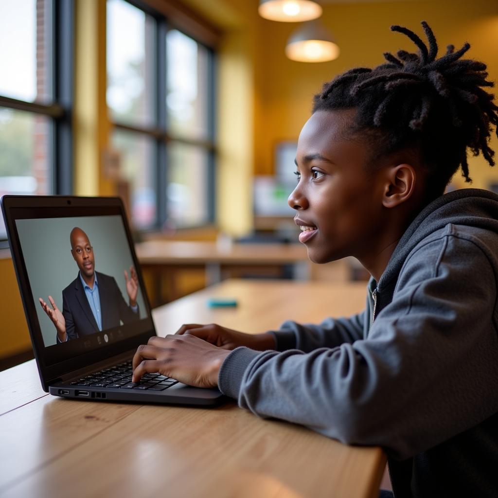 African American teen participating in a mentorship program, engaging with a video featuring Harvey.