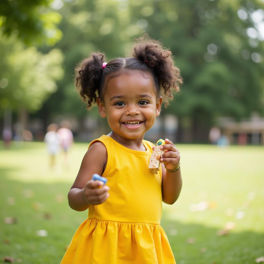 A beautiful African American toddler girl smiling brightly while playing outdoors.