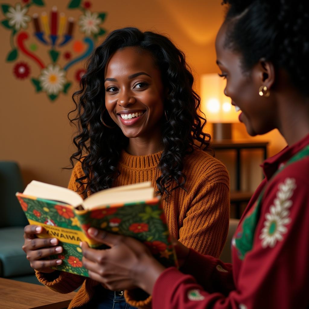 African American woman receiving a book as a gift