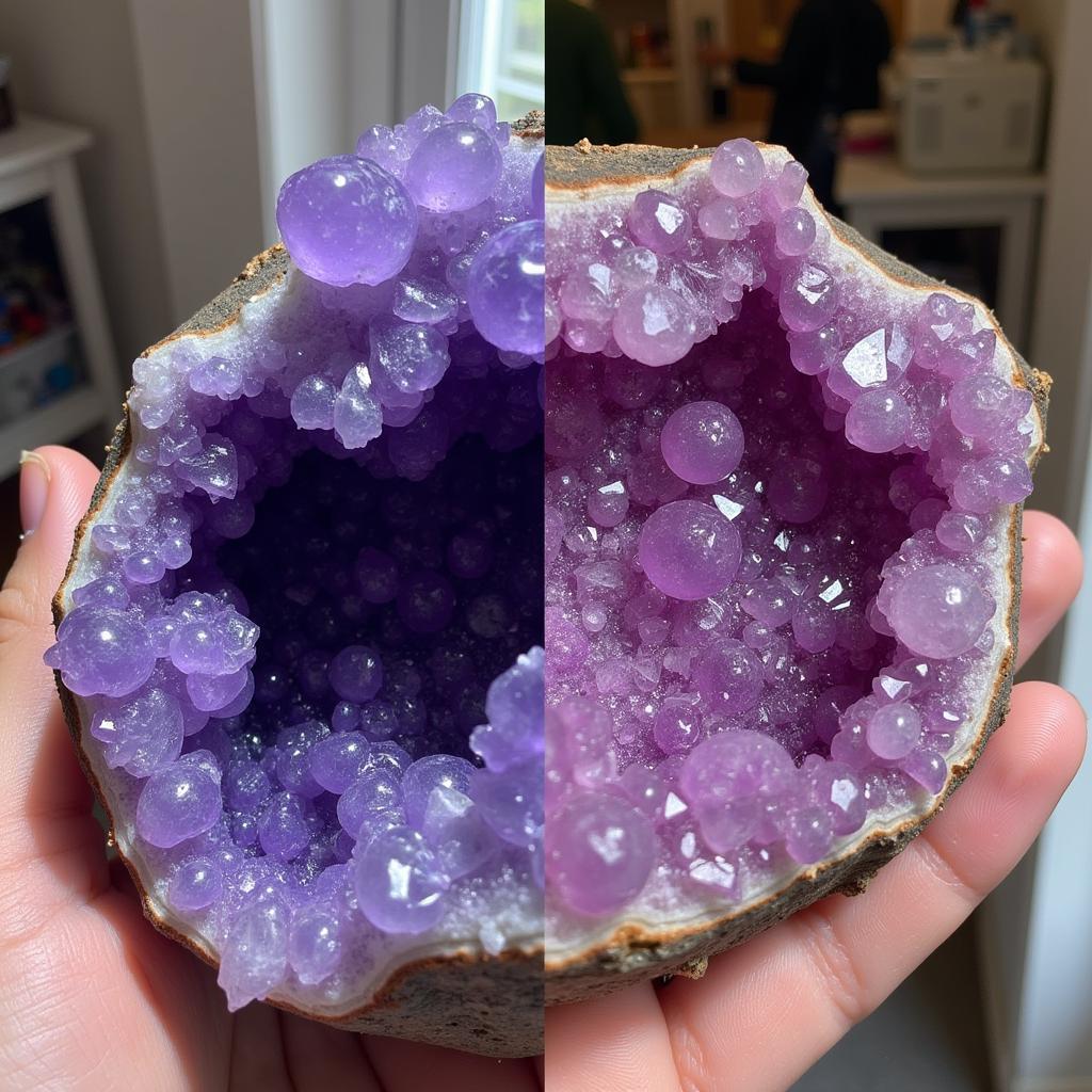 Comparison of African amethyst in its raw, unpolished state and after being cut and polished into a round gemstone.