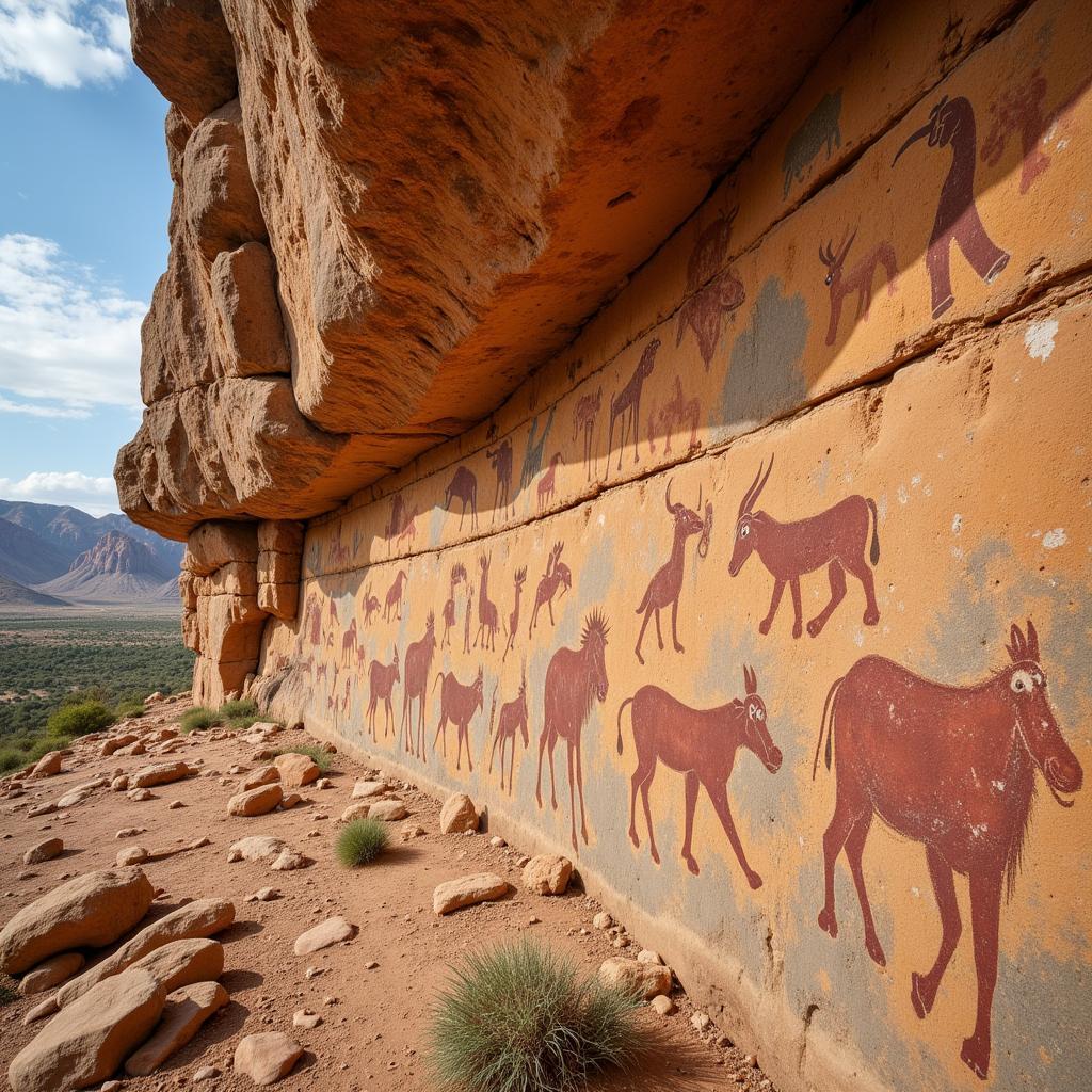 Ancient African rock paintings showcasing animal depictions.