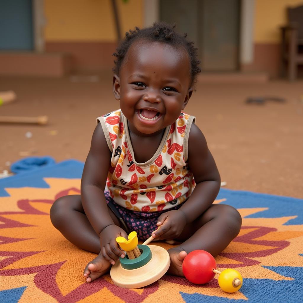 An African baby plays with brightly colored wooden toys.