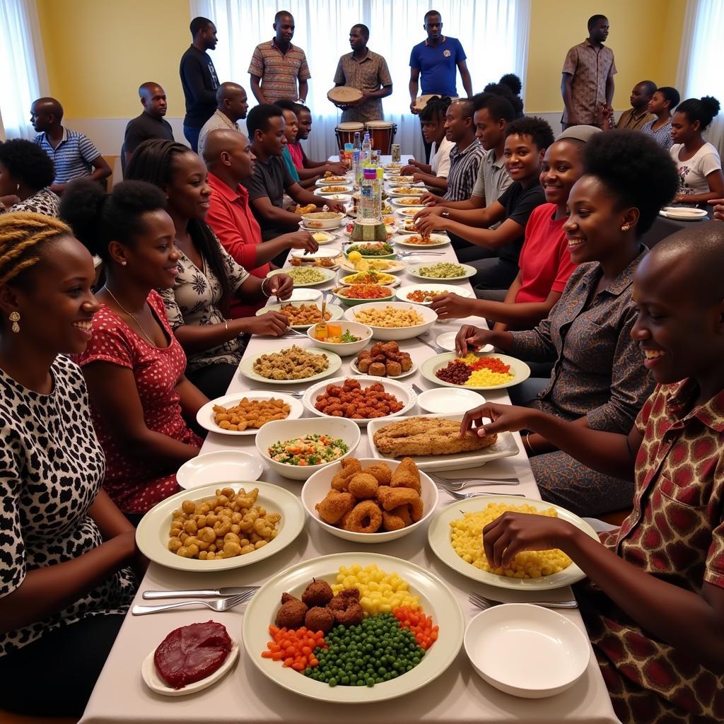 A Kenyan baby shower with a large spread of traditional food, guests sharing meals, and musicians playing drums.