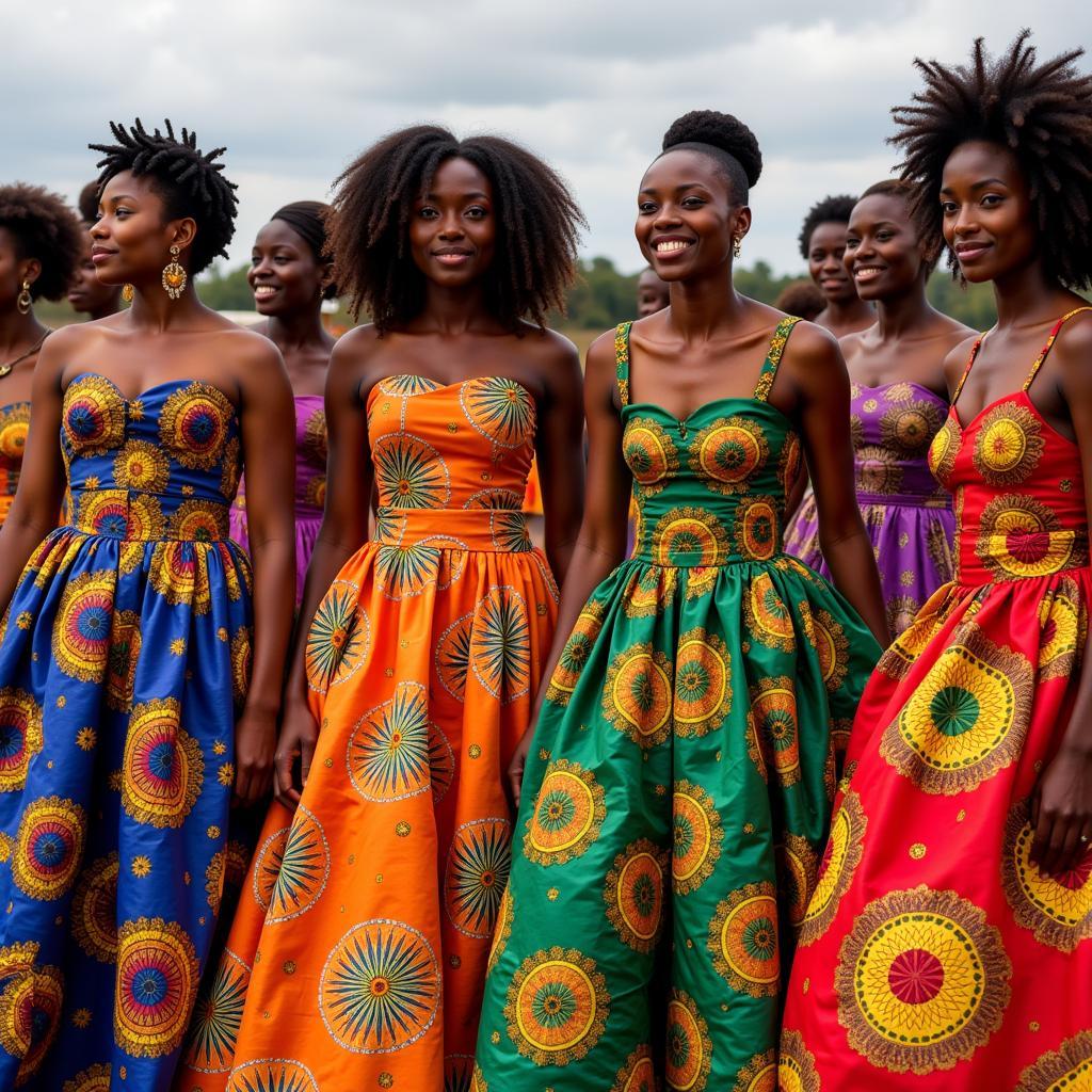 Women in vibrant African ball gowns at a traditional ceremony