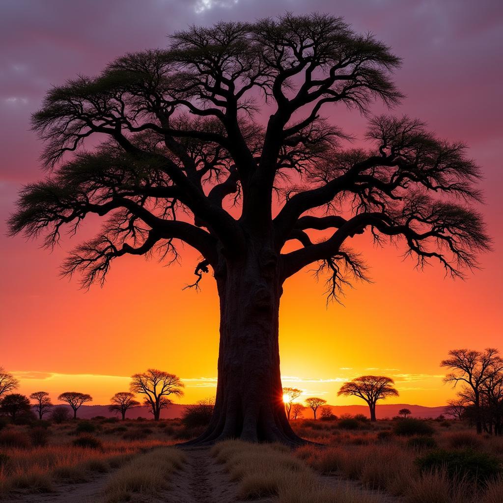 African Baobab Tree on Savanna