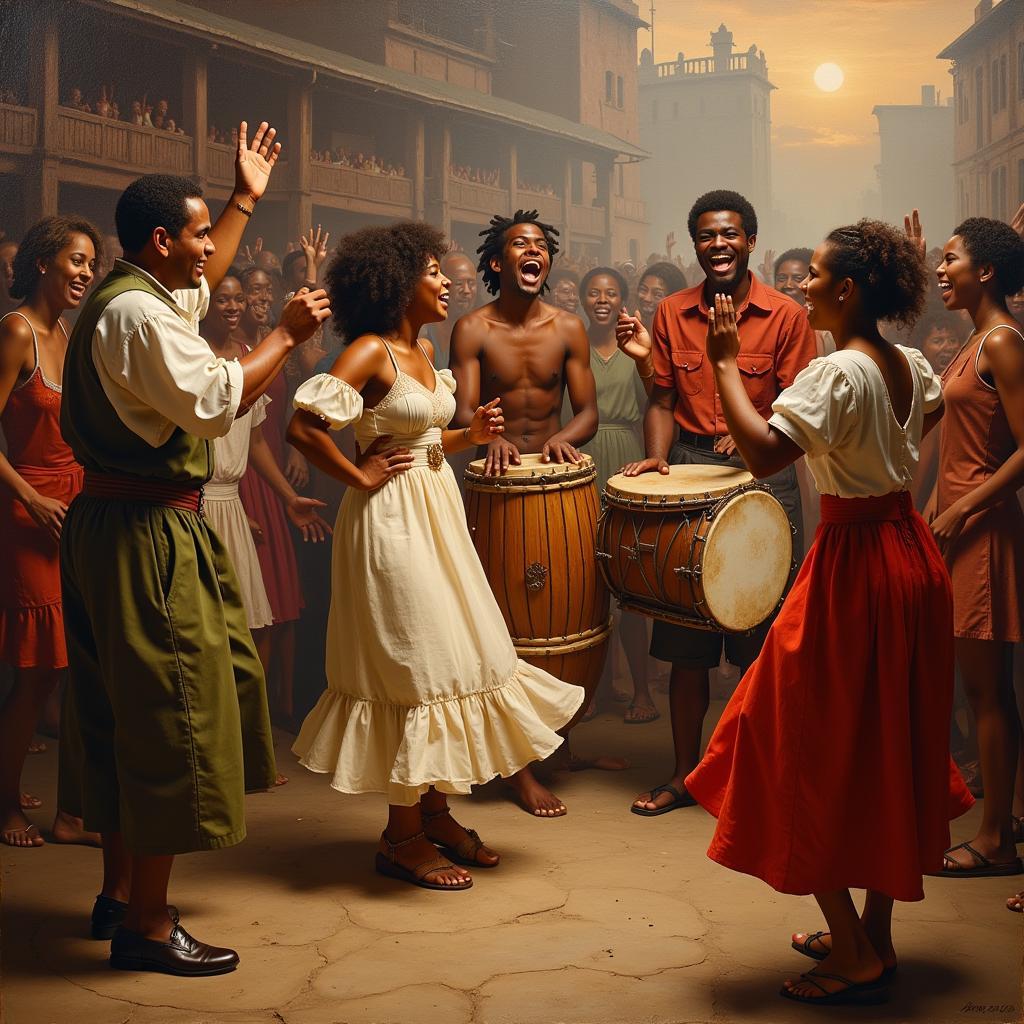 African bar painting depicting a musical celebration with dancers, drummers, and a lively crowd.