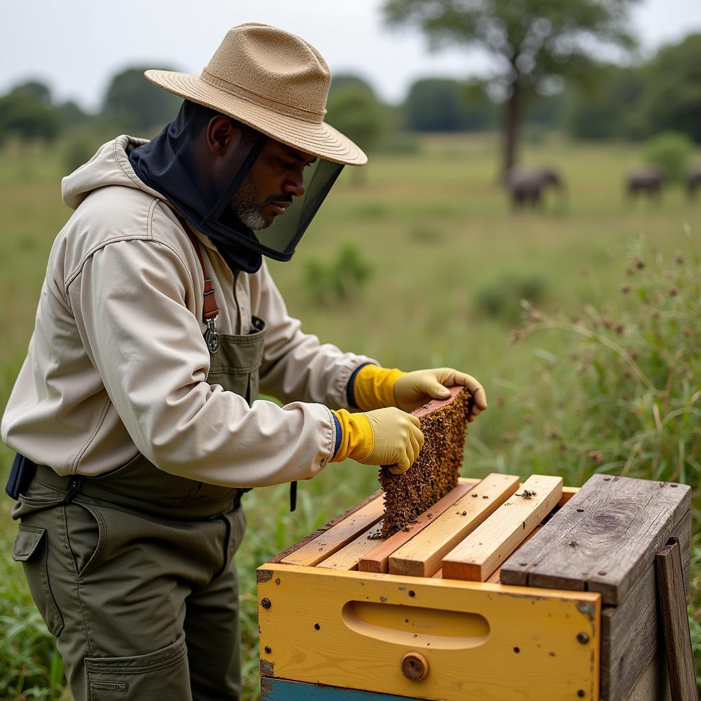 African Beekeeper Inspecting Beehive Fence