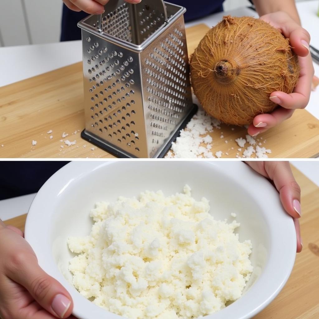 Grating fresh coconut for t'icoco biscuits