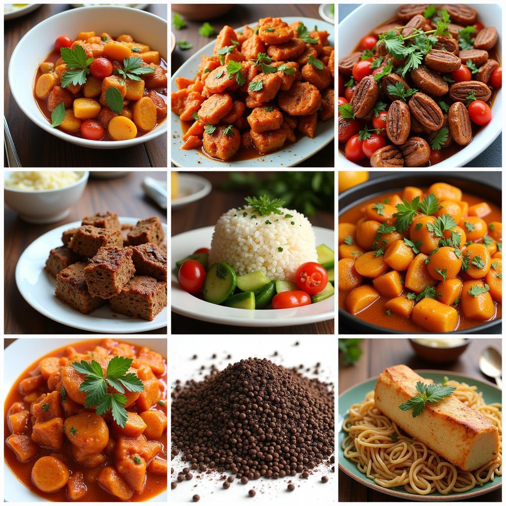 Culinary Uses of African Black Pepper: A display of various dishes seasoned with African black pepper, highlighting its versatility in both traditional African cuisine and modern fusion dishes.