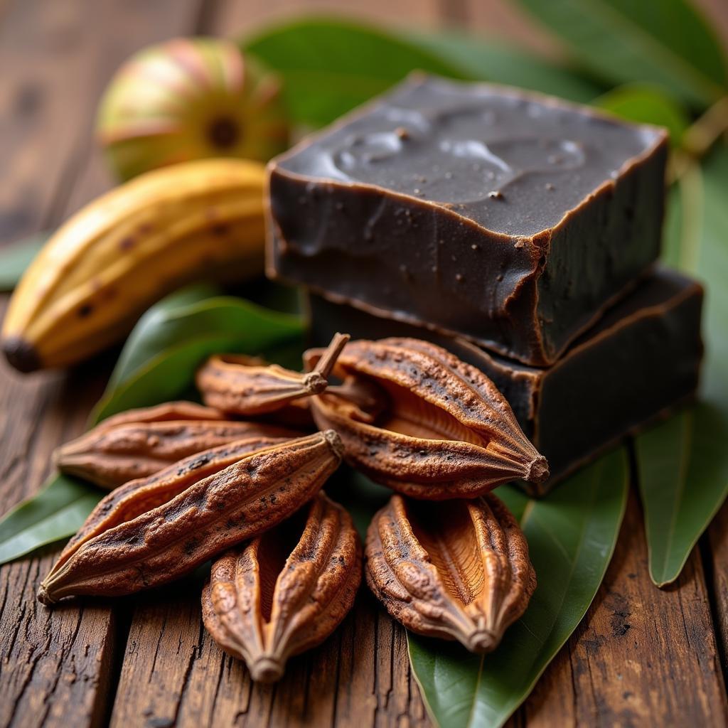 African Black Soap Ingredients: Plantain peels, cocoa pods, and palm leaves.