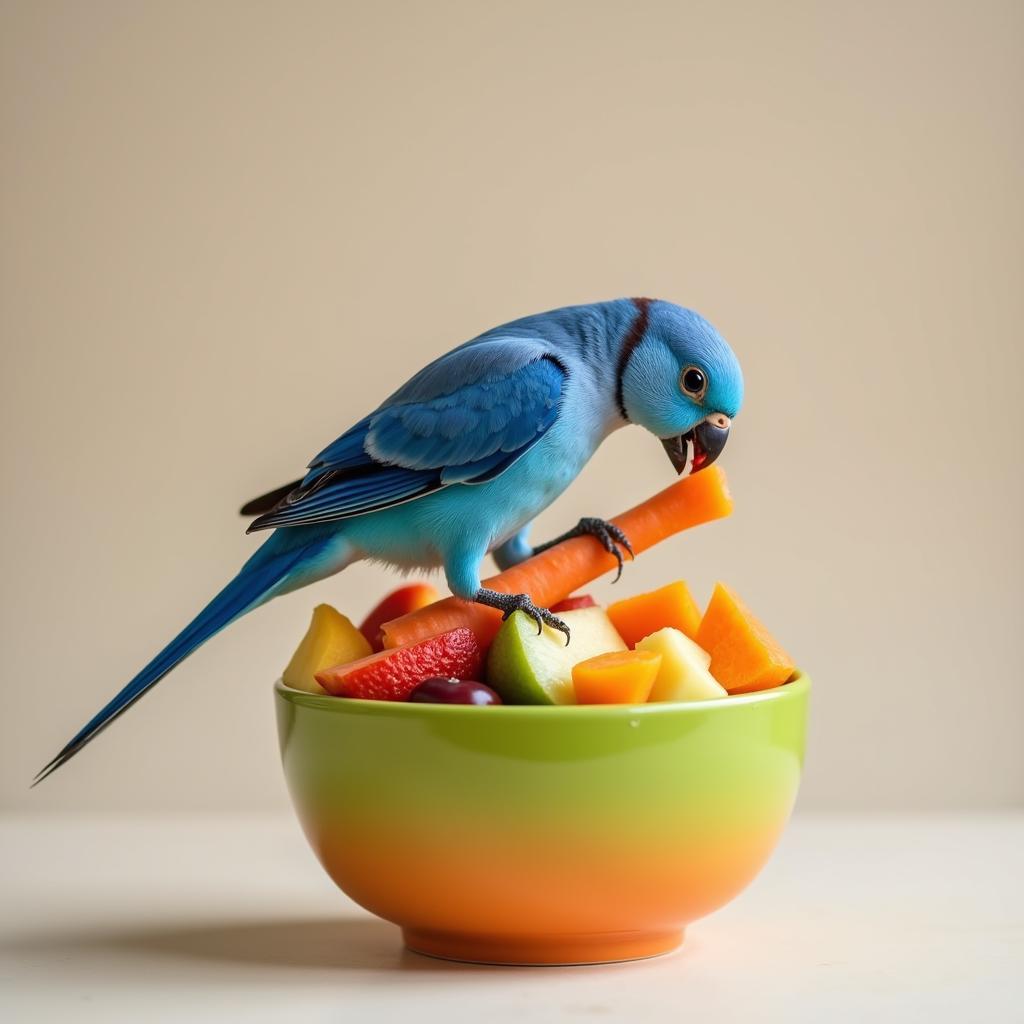 African Blue Lovebird Enjoying Fruits and Vegetables