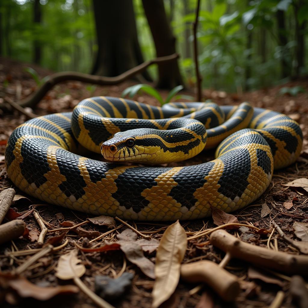 African Boa Snake Camouflaged in Leaves