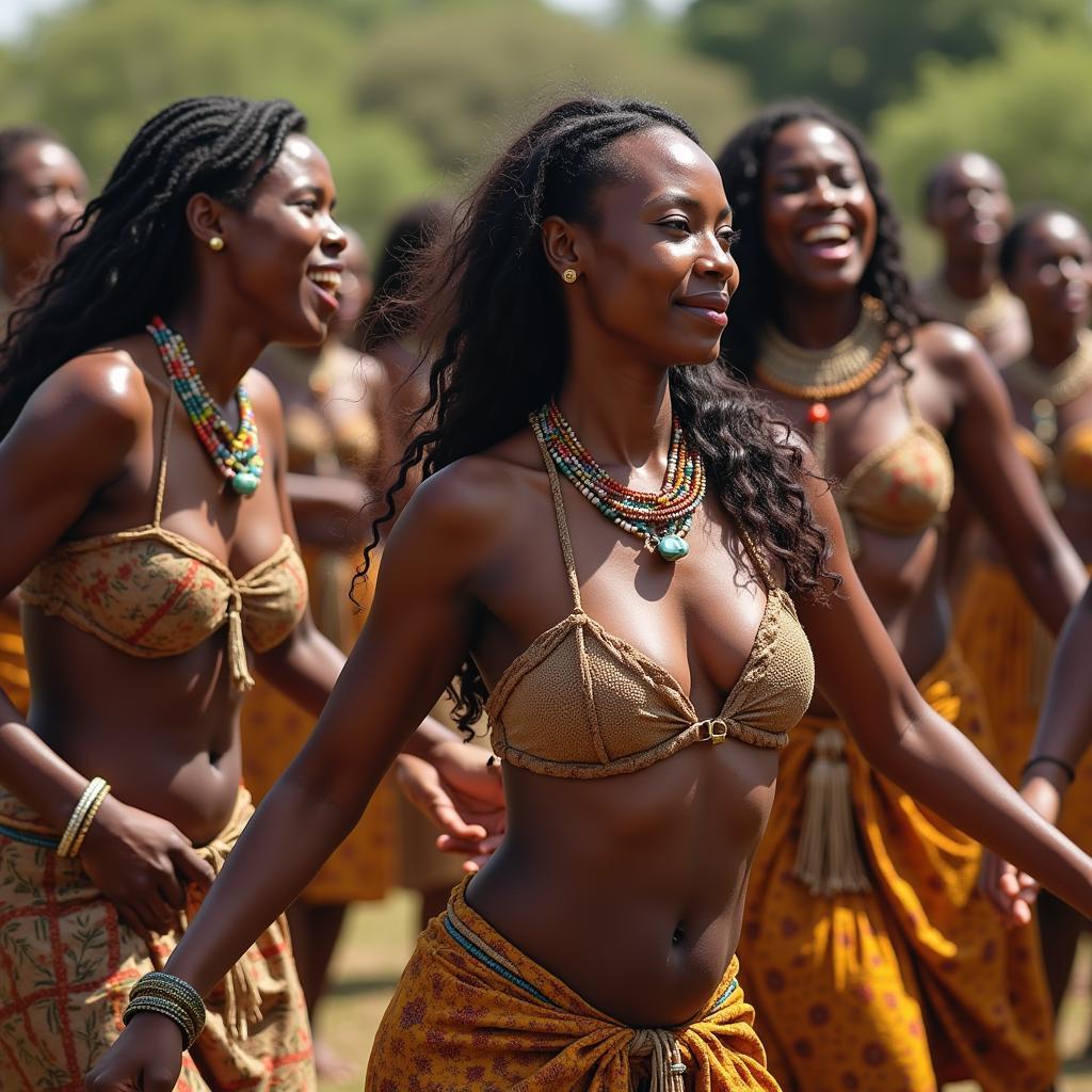 African women participating in a traditional braless dance ritual