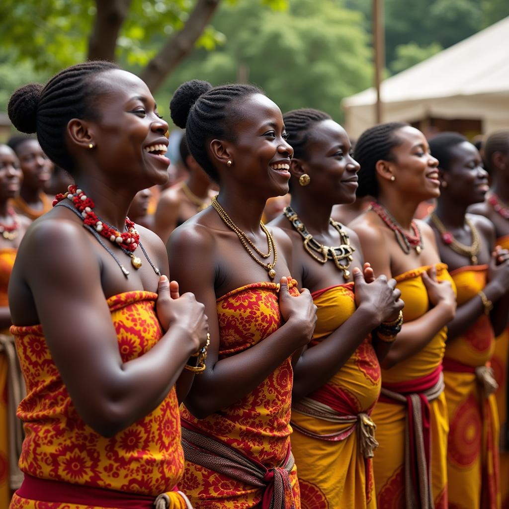 African Women Performing a Traditional Breast Dance During a Cultural Ceremony