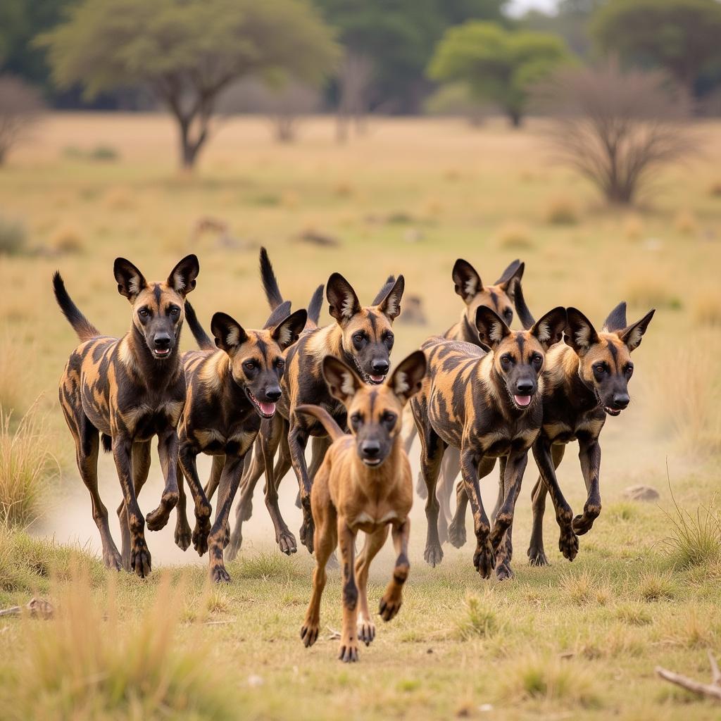 African Brown Dog Pack Hunting - A coordinated group of painted dogs chasing prey across the savannah.