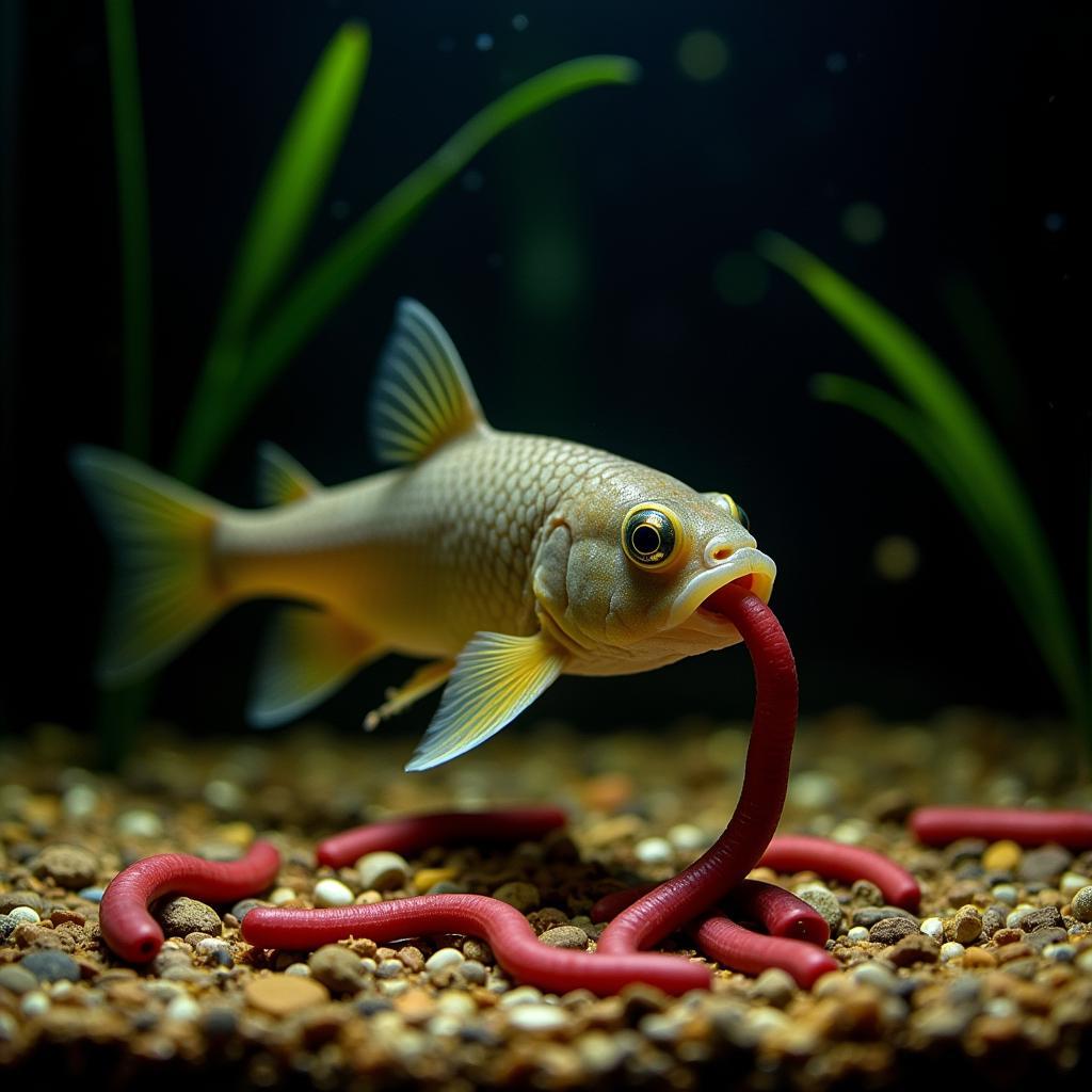 African Brown Knife Fish feeding on bloodworms in a dimly lit aquarium.