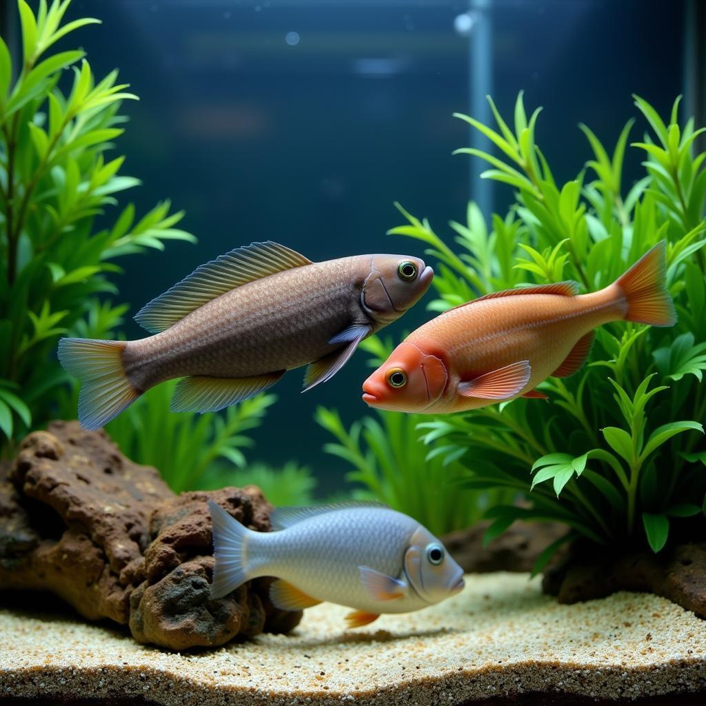 African Brown Knife Fish with compatible tank mates in a large aquarium.