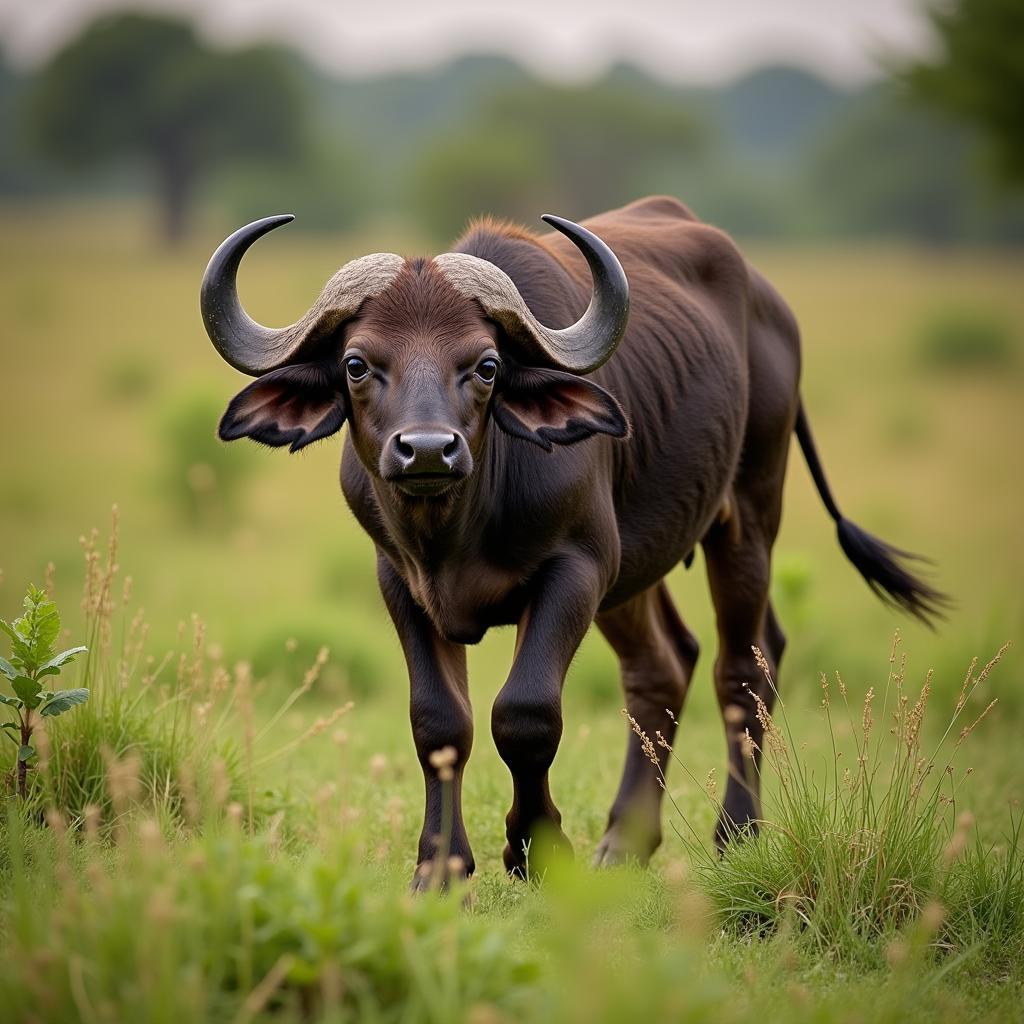 African buffalo calf grazing in its natural savanna habitat