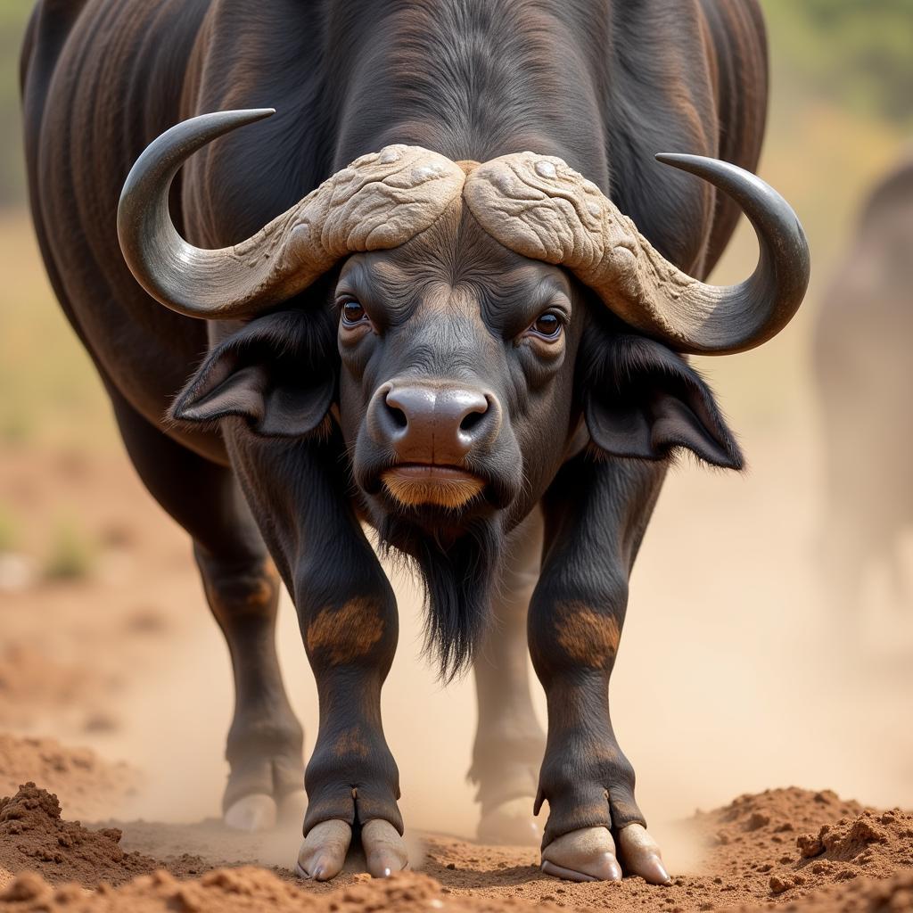 African buffalo charging in an aggressive display