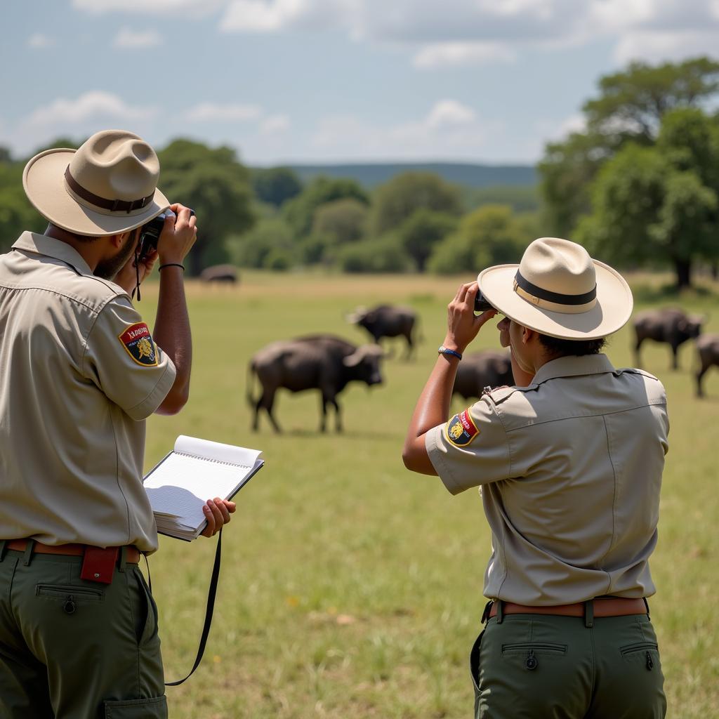 Park rangers monitoring African buffalo in their natural habitat as part of conservation efforts.