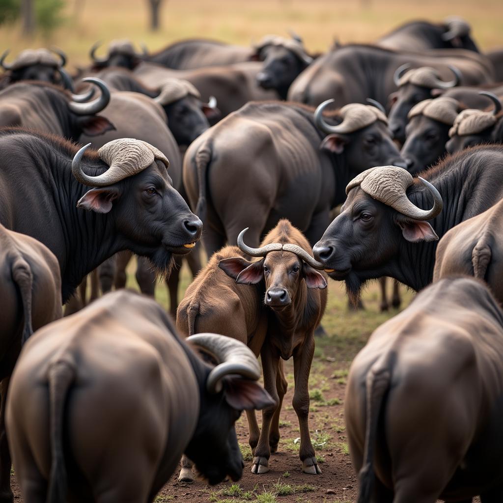 African buffalo herd forming a defensive circle around calves