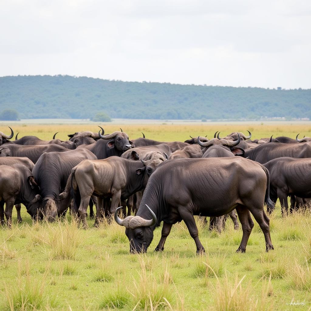 A large herd of African buffalo grazing in Kruger National Park