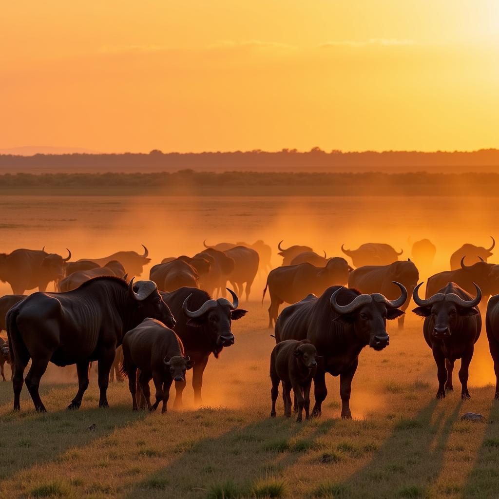 A herd of African buffalo grazing on the savanna, demonstrating their social nature and ecological impact.