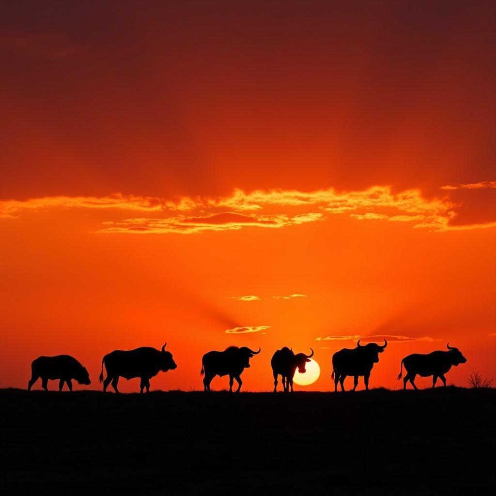 Silhouette of an African Buffalo Herd at Sunset