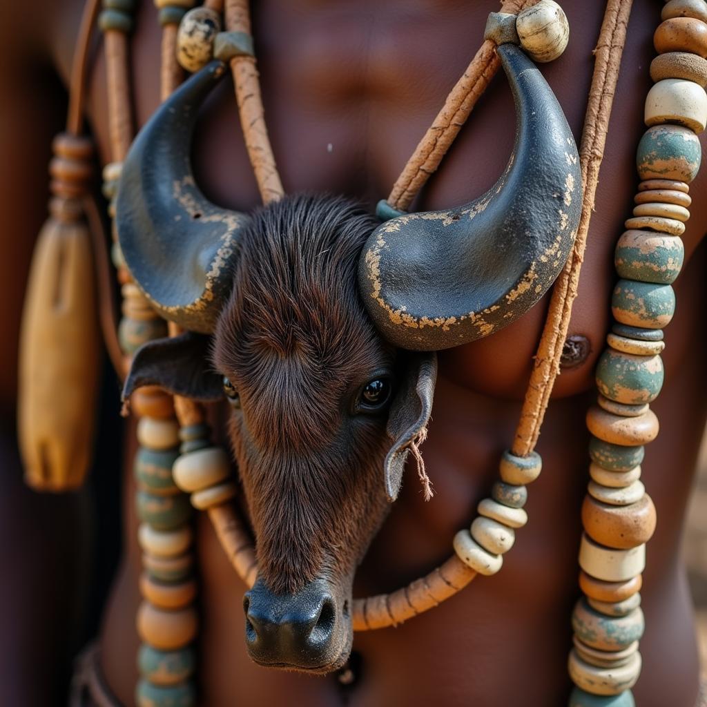 A Close-Up of a Handcrafted Amulet Featuring African Buffalo Tail Hairs