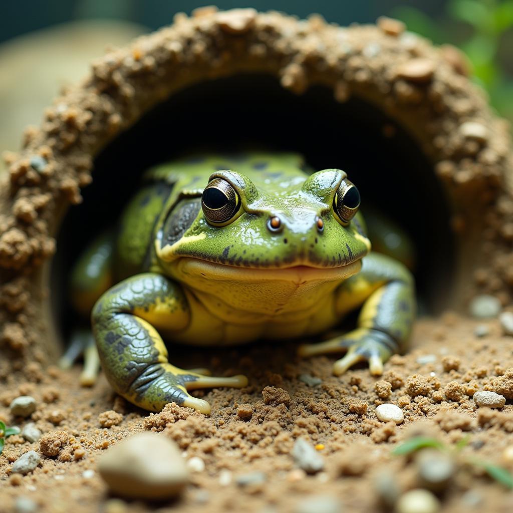 An African bullfrog begins to burrow into the substrate of its terrarium.