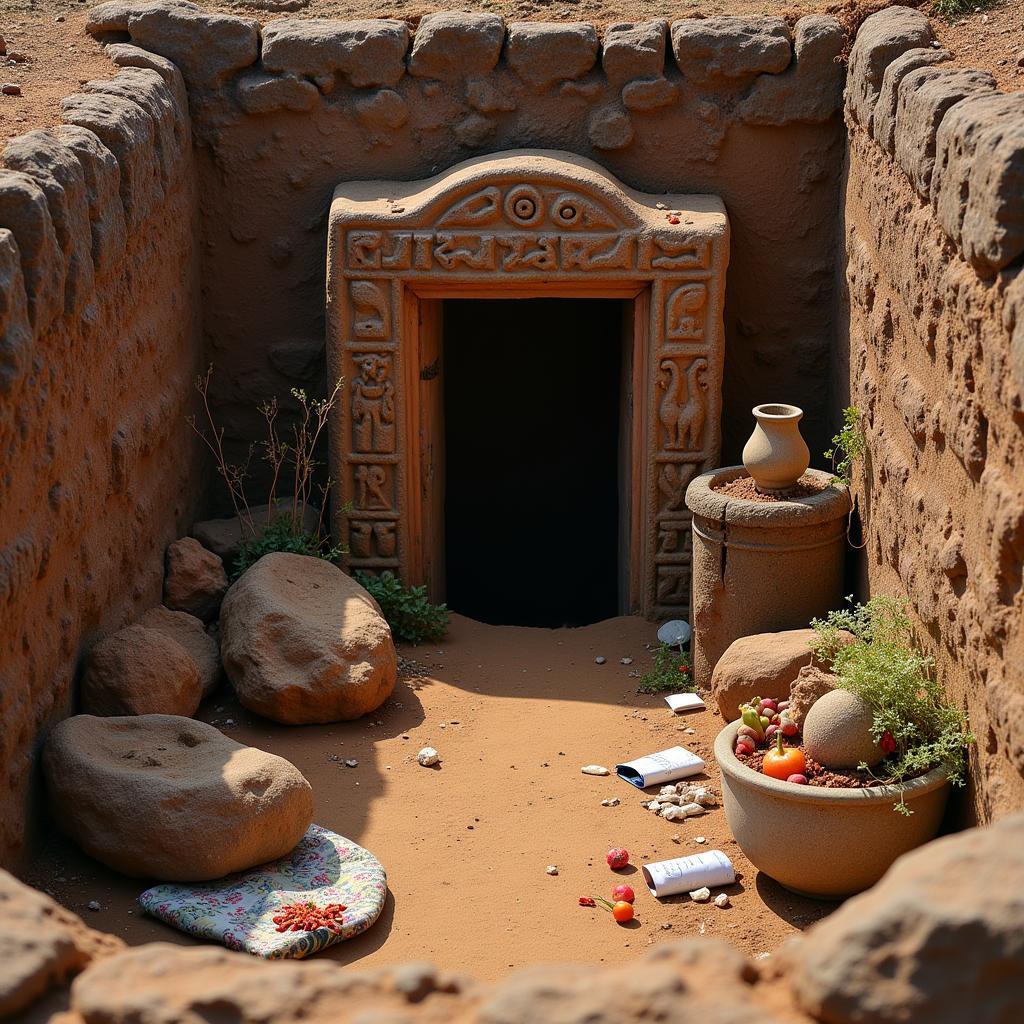 An intricately carved tomb in an African burial ground, surrounded by offerings.