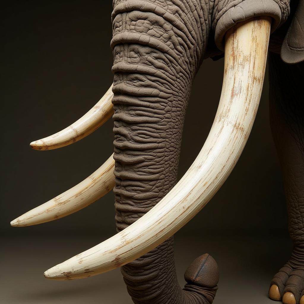 African Bush Elephant Tusks: Close up of large, curved tusks of an African bush elephant, showcasing their size and shape compared to forest elephants.